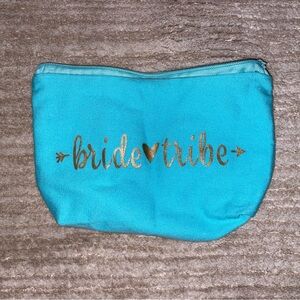 Bride Tribe 9in x 6in cosmetic case zipper pouch blue w/ gold cursive lettering